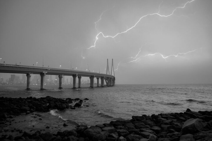 grayscale photo of bridge